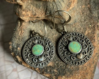 Vintage | Southwestern | December | Birthstone | Turquoise | Dangle | Round | Disk | Flower | Heart | 925 | Sterling | Silver | Earrings