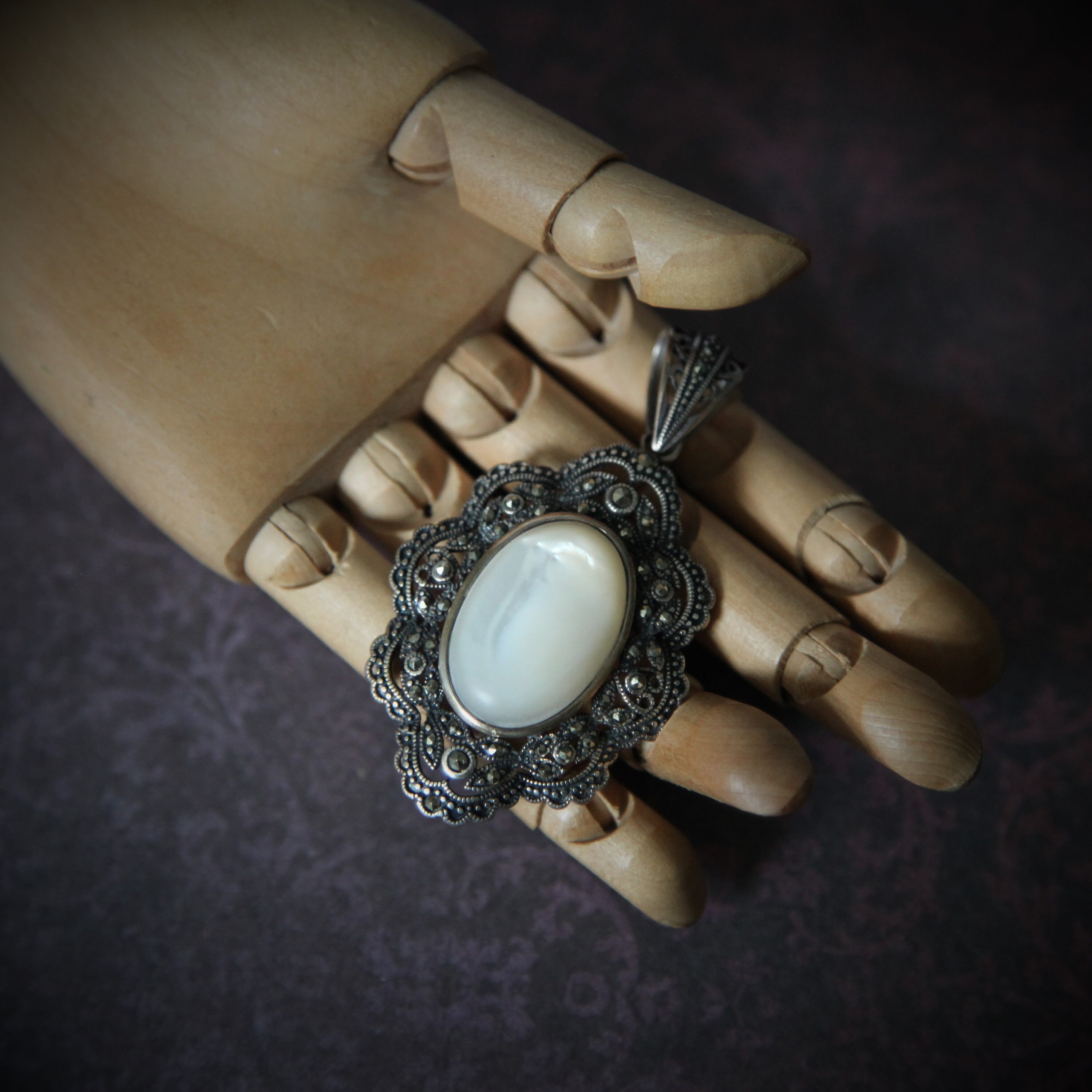 Vintage Sterling Silver Mother of Pearl Marcasite Filigree Pendant