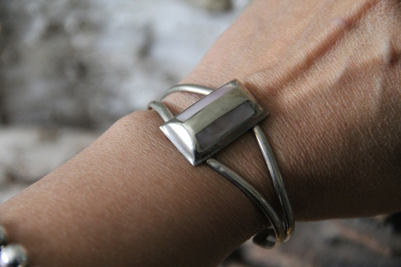 Vintage Double Shank Mexico Cuff Bracelet 15gr Pink Sterling Silver Rectangle Southwestern Taxco Inlay Shell
