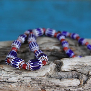 Antique |  Vintage | Venetian | African | Chevron | Blue | Red | White | 6 Layer | Glass | Beads | Trade Beads | 16&quot; |  Necklace
