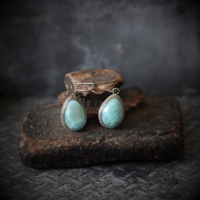 Dangle Ear Wire Sterling Silver Cloudy Sky Blue 925 Pear Shaped Domed Earrings Vintage Teardrop Gray Larimar