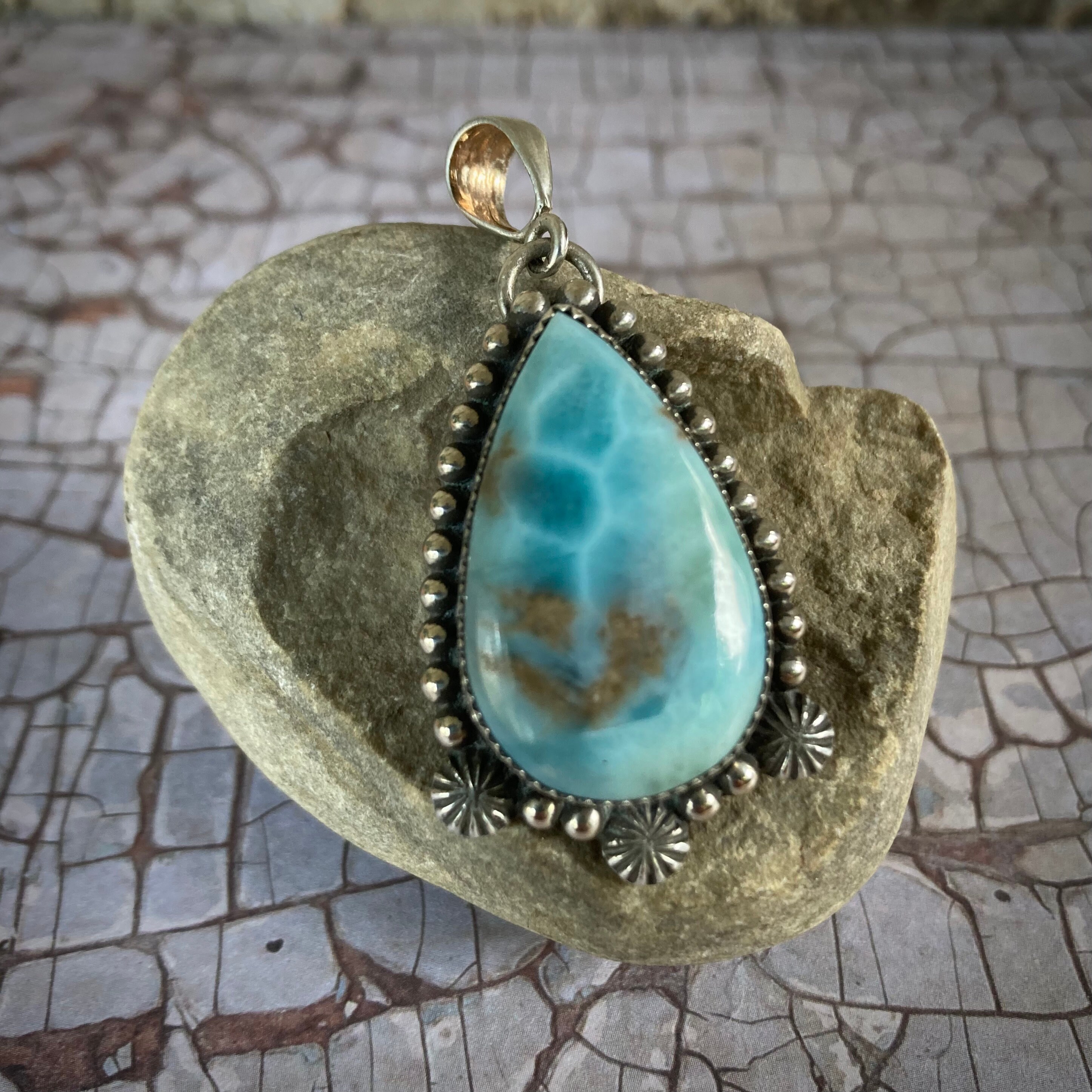Southwestern | Vintage | Vibrant | Blue | Brown Inclusions | Dominican Republic | Larimar | Teardrop | Signed J |Sterling | Pendant