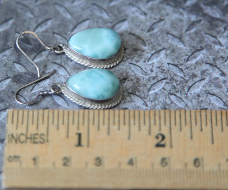 Dangle Ear Wire Sterling Silver Cloudy Sky Blue 925 Pear Shaped Domed Earrings Vintage Teardrop Gray Larimar