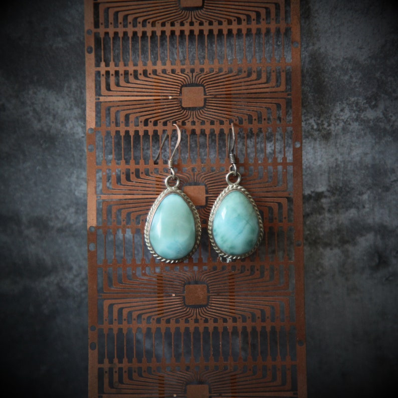 Dangle Ear Wire Sterling Silver Cloudy Sky Blue 925 Pear Shaped Domed Earrings Vintage Teardrop Gray Larimar
