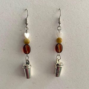 Coffee Theme Dangle Earrings ~ Shell Heart, Golden Tiger Eye Gemstone, Coffee Bean and Coffee Cup Charm Jewelry ~
