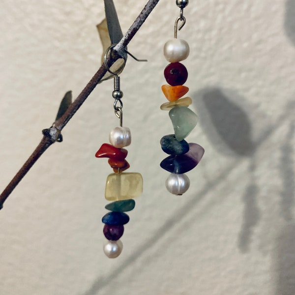 Rainbow Granite and Cultured Pearl Silver Colored Brass Dangle Earrings, Pride Earrings