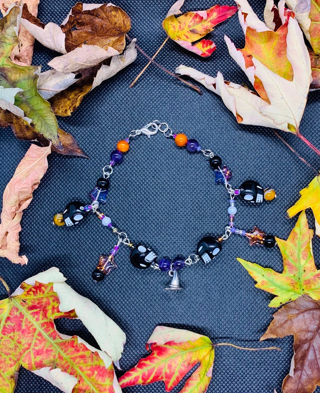 Witchy Halloween Bracelet With Skulls, Gemstones, and Witch Hat Charms ...