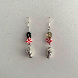 Peppermint Mocha Coffee Dangle Earring ~ Coffee Bean, Peppermint Swirl Bead, and Coffee Cup Charm Jewelry~ Coffe Lover Gift~ Sterling Silver
