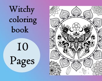 Witchy Coloring Book, 10 Pages, PDF Download, Printable Coloring Sheets