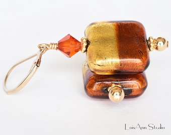 Topaz Earrings, 24kt Gold Foil Authentic Murano Earrings