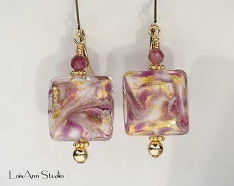 Murano Mauve Gold Earrings, Mother's Day Gift, Venetian Murano, 14kt Gold Filled Leverback Ear Wires, Gift for Her