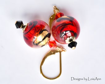 Racy Red Black and Gold Earrings, Venetian Murano, 14kt Gold Filled, Gift for Her