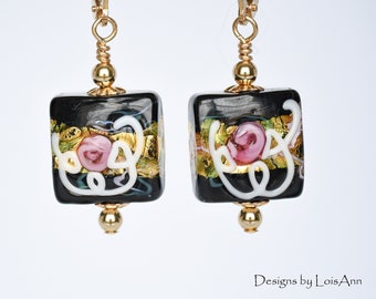 Petite Black Murano Glass Earrings, 14kt Gold Filled, Gift for Her