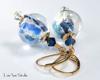 14kt GF Dichroic Iridescent Earrings, Cobalt Blue, Venetian Murano, Gift for Her