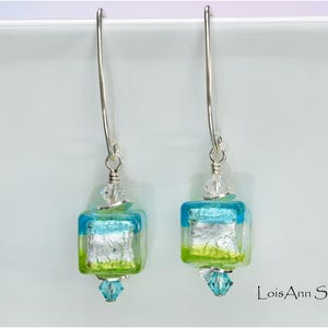 Lampwork Earrings, Murano Glass Earrings, Sterling Silver Earrings, Aqua and Lime Green, Gift for Her