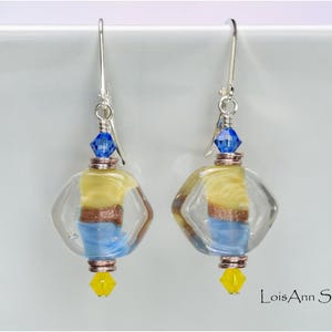 Yellow and Baby Blue Earrings, Lampwork, Sterling Silver, Free Shipping