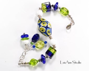 Cobalt Blue and Green Lampwork Bracelet, Beaded Bracelet, Venetian Murano, Adjustable