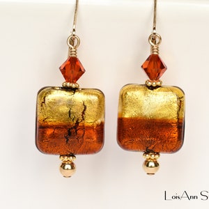 Topaz Earrings, Murano Glass, 24kt Gold Foil Authentic Murano Glass Earrings, 14kt GF Ear Wires, Free Shipping