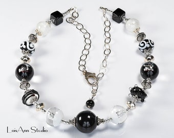 Black and White Lampwork Necklace, Artisan Jewelry, 20 inches, Murano, Adjustable