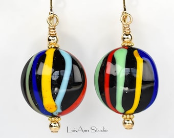 Colorful Glass Earrings, Artisan, Lampwork, Venetian Murano, 14kt Gold Filled Lever Back Ear Wires