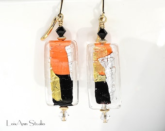 14kt GF Coral and Black Glass Beaded Earrings, Venetian Murano, Gift for Her