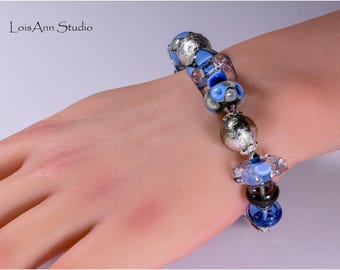 Blue Lampwork Glass Bracelet: Sterling Silver, Adjustable Artisan Jewelry