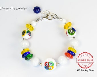 Colorful Lampwork Glass Bracelet, Italian Beads, Sterling Silver, Adjustable