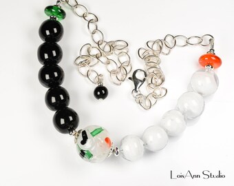 Black and White Necklace, 18-inch Sterling Silver, Murano Glass Beads, Colorblock