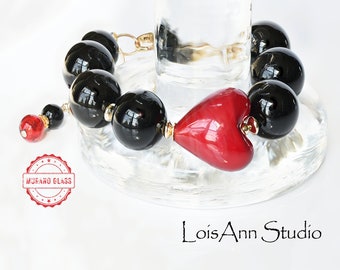 Murano Red Heart Bracelet: 14k Gold Filled Romantic Jewelry, Gift for Her
