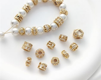 Cylinder Spacer Beads Micropaved CZ Hole Tube Beads Gold Plated DIY Beading Necklace Bracelet Wheel Beads