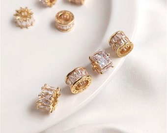 Cylinder Spacer Beads CZ Micro Pave Hole Tube Beads Gold Plated Beads