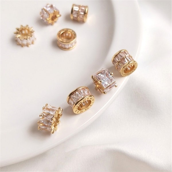 Cylinder Spacer Beads CZ Micro Pave Hole Tube Beads Gold Plated Beads