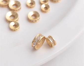 Wheel Spacer Beads CZ Micro Pave Round Rondelle Beads 14K Gold Plated Double Bead Caps 3 colors available