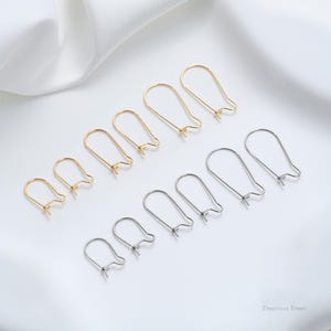 Op de afbeelding: Een assortiment gouden en zilverkleurige oorhaakjes in verschillende maten. De haakjes zijn in rijen gerangschikt, waarbij hun verschillende afmetingen en ontwerpen worden getoond. De achtergrond is een zachte, witte stof, die een schoon contrast biedt met het metaal.