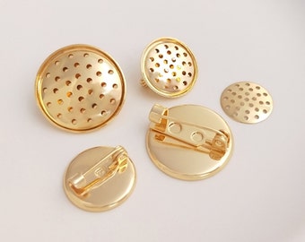 Gold Plated Brooch Blanks Brooch Back Pin Setting Round Bezel Cups for Beading Brooch Making