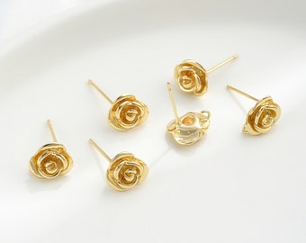3D Rose Post Stud Earrings with Loop Gold Plated Post Stud Earrings with Loop