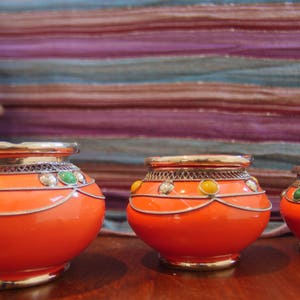 Ceramic Moroccan Ashtray Orange with  Metal inlaid Motif Accent