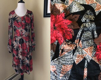 Vintage 1970 rojo novedad arte impresión vestido punilismo puntos tamaño M medio medio