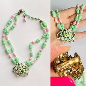 Vintage Signed Miriam Haskell Glass Necklace Mint Green + Purple Double Strand Jewel