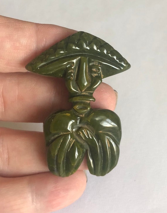 Vintage Spinach Green Bakelite Brooch Figural Asia