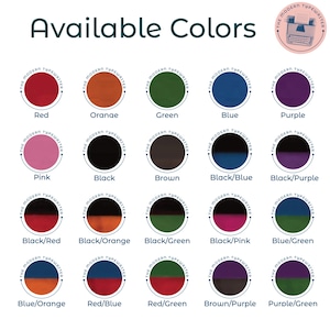 Peut inclure: Image présentant un nuancier avec le texte "Available Colors". Le nuancier propose diverses couleurs, notamment rouge, orange, vert, bleu, violet, rose, noir et marron, ainsi que des combinaisons de couleurs comme noir/bleu et rouge/vert.