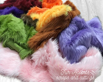 May include: A collection of colorful faux fur scraps and cuttings in various shades, including pink, purple, orange, green, and brown. The image features the text "Fur Accents scraps and cuttings". The fur appears soft and fluffy, suitable for craft projects.