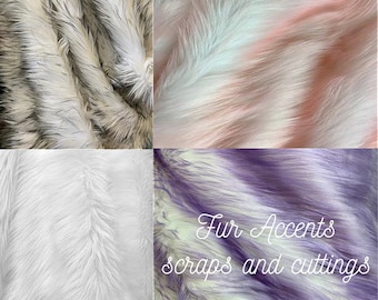 May include: Four different types of faux fur fabric scraps in various colors, including white, brown, pink, and purple. The text "Fur Accents Scraps and Cuttings" is written in white on the purple fabric.