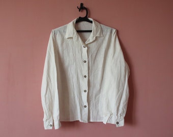 Vintage White 100% Cotton Trachten Blouse, Boho Blouse with long sleeves, Size M blouse, Dirndl folk shirt wooden buttons Traditional 101
