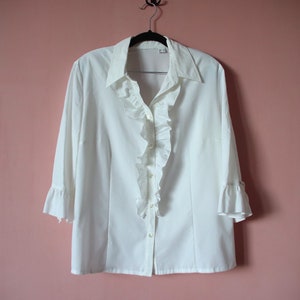 Vintage weiße Spitzenbesatz Bluse, Boho Bluse mit langen Ärmeln, Hippie, Bauernbluse, Button Down Shirt