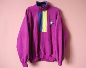 Vintage jaren '80 fleece trui, sportstijl retro sport oldschool blouse Pulli pullover Polar sweatshirt Polar Fleece Polyester Pullover. Maat L