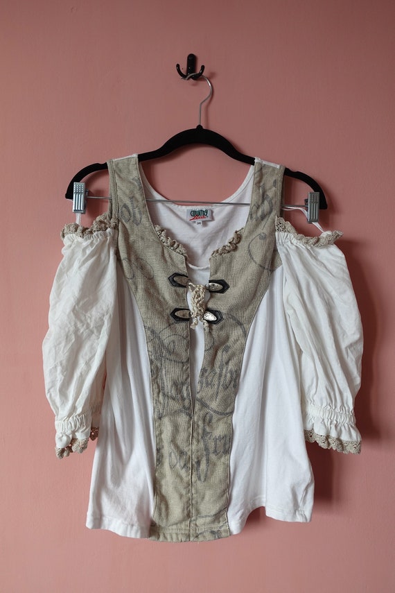 Vintage Linen Cotton half sleeve blouse, Boho blo… - image 2