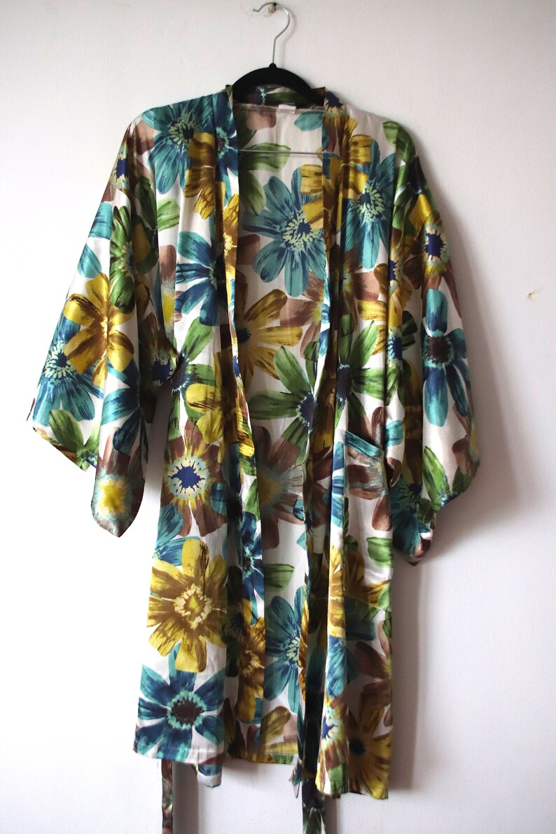 Vintage Kimono Robe 80er Jahre Floral Kimono Robe Japanische Dressing Boho Dessous Jacke SZ Bild 3