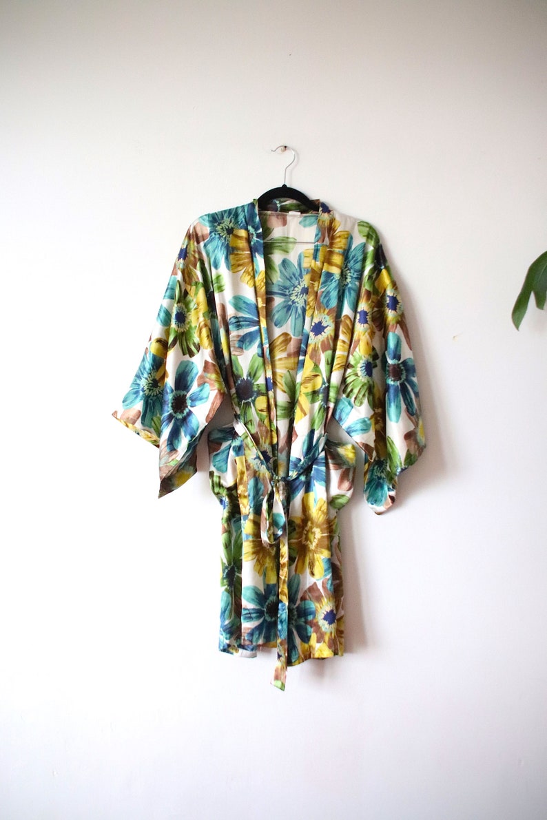 Vintage Kimono Robe 80er Jahre Floral Kimono Robe Japanische Dressing Boho Dessous Jacke SZ Bild 1