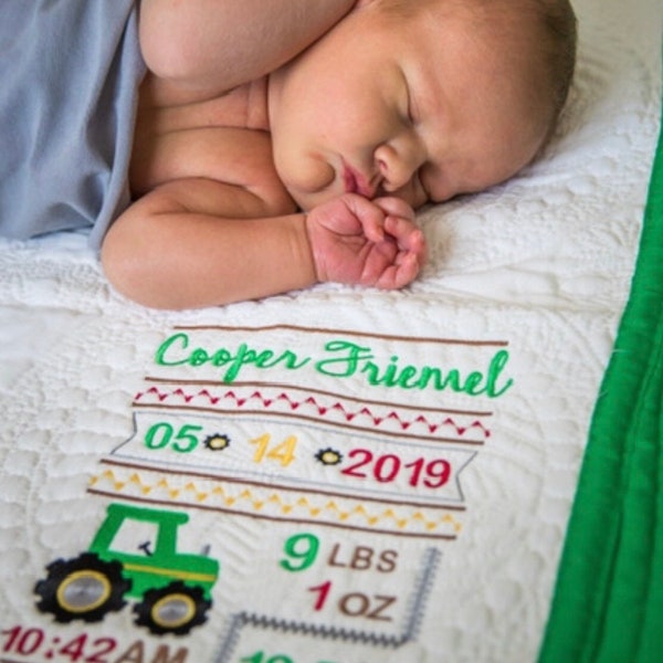 Monogram Baby quilt, personalized baby gift photo prop, new baby boy gift, baby quilts, monogrammed birth stats, farm theme tractor gift